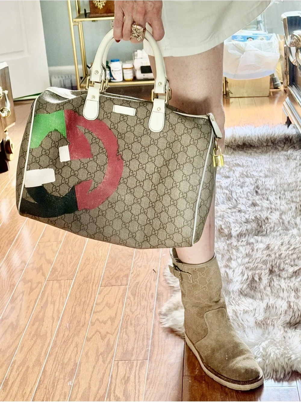 GUCCI Guccisima, hint of sparkle GG Supreme painted beige canvas Boston Bag